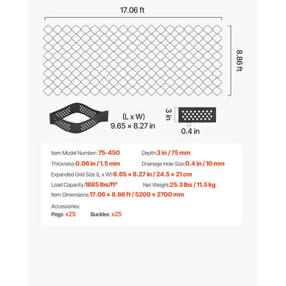 VEVOR Ground Grid 3-Inch Deep Geocell Grid 17.06x8.86FT / 5200x2700mm for Gravel