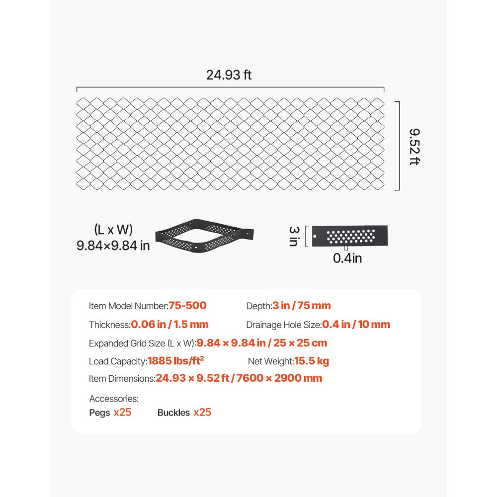 Ground Grid 3-Inch Deep Geocell Grid 24.93x9.52FT / 7600x2900mm for Gravel