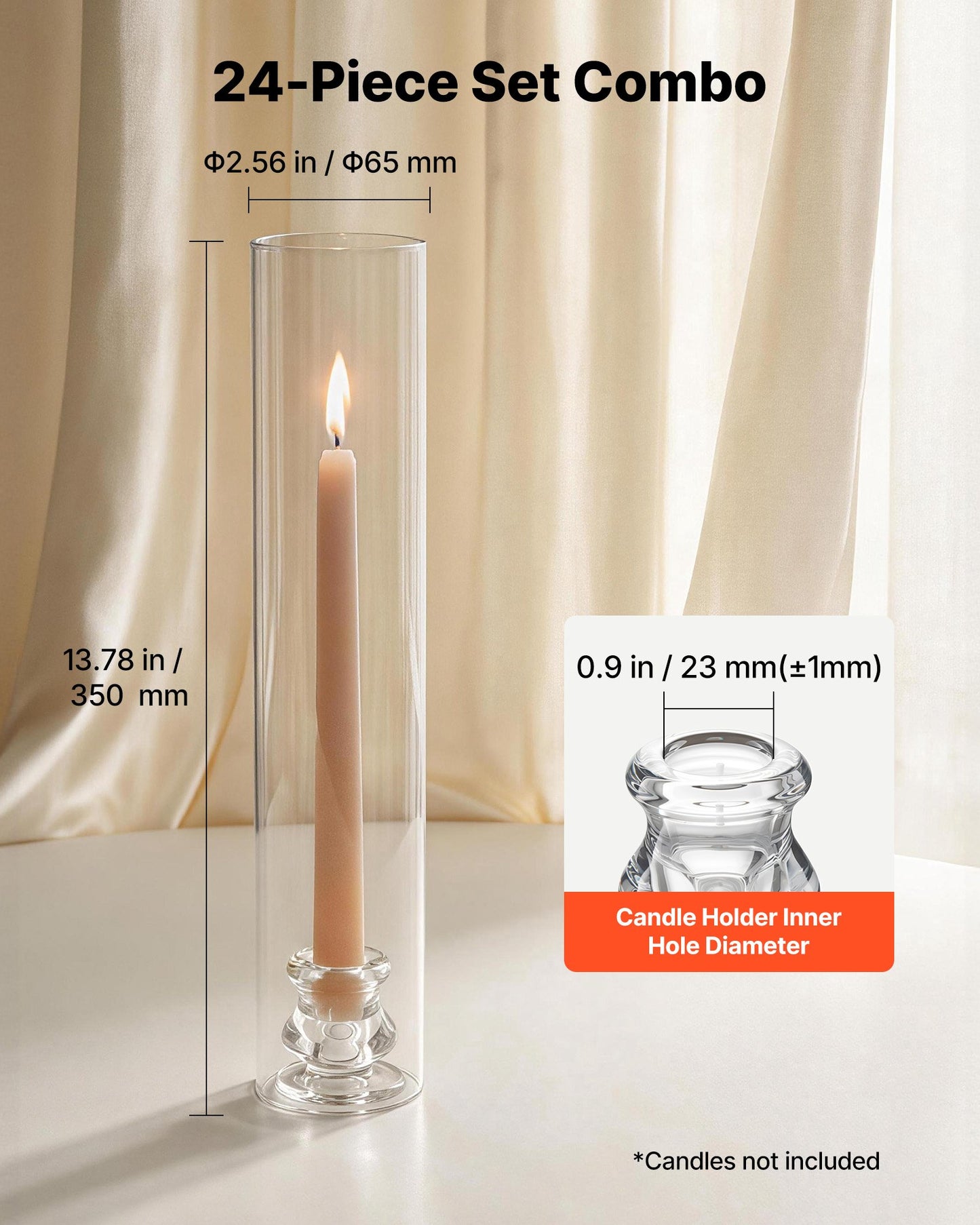 Hurricane Candle Holders Set of 24, Φ 65 x 350 mm Tall Clear Glass Cylinder Candleholder Sleeve, High Borosilicate Glass, Wind Protection for Wedding, Table Centerpiece, Party, Home Decor