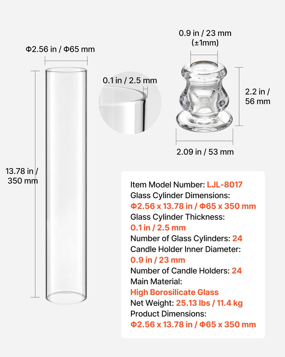 Hurricane Candle Holders Set of 24, Φ 65 x 350 mm Tall Clear Glass Cylinder Candleholder Sleeve, High Borosilicate Glass, Wind Protection for Wedding, Table Centerpiece, Party, Home Decor