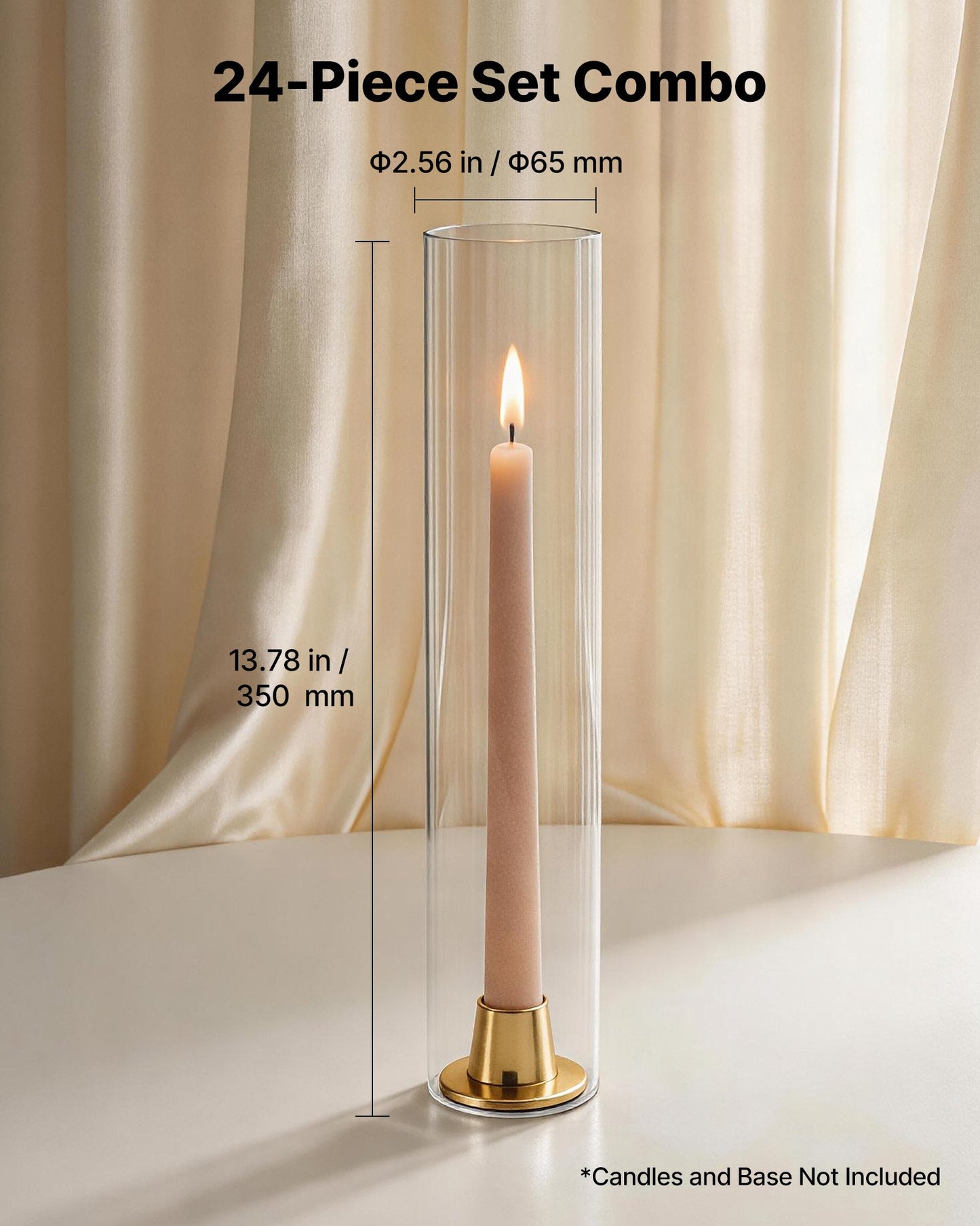 Hurricane Glass Cylinders Set of 24, Φ 65 x 350 mm Tall Clear Glass Candle Covers, High Borosilicate Glass Sleeves for Pillar Candles, Wedding Centerpieces, Home Decor, Party, Wind Protection