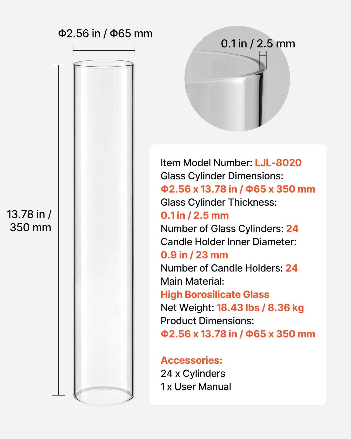 Hurricane Glass Cylinders Set of 24, Φ 65 x 350 mm Tall Clear Glass Candle Covers, High Borosilicate Glass Sleeves for Pillar Candles, Wedding Centerpieces, Home Decor, Party, Wind Protection