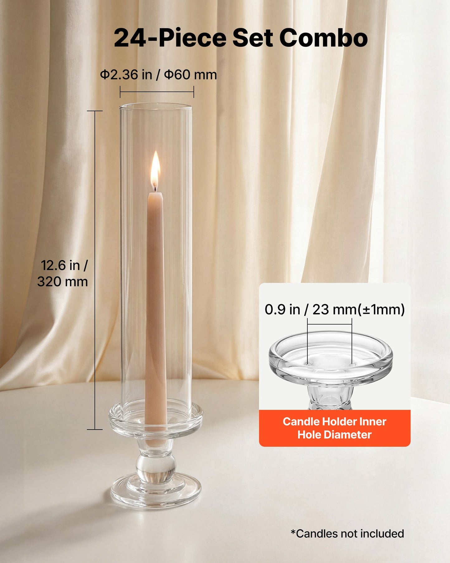 Hurricane Candle Holders Set of 24, 320 mm Tall Clear Glass Taper Candle Holders, High Borosilicate Glass, 2.36 in Cylinder for Wedding, Table Centerpiece, Party, Home Decor, Wind Protection
