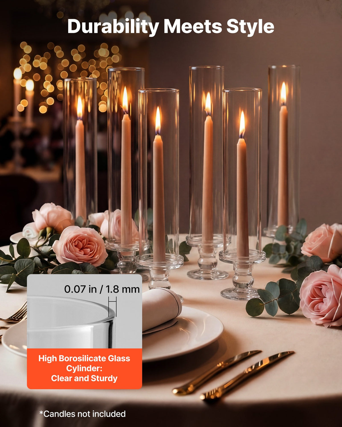 Hurricane Candle Holders Set of 24, 320 mm Tall Clear Glass Taper Candle Holders, High Borosilicate Glass, 2.36 in Cylinder for Wedding, Table Centerpiece, Party, Home Decor, Wind Protection