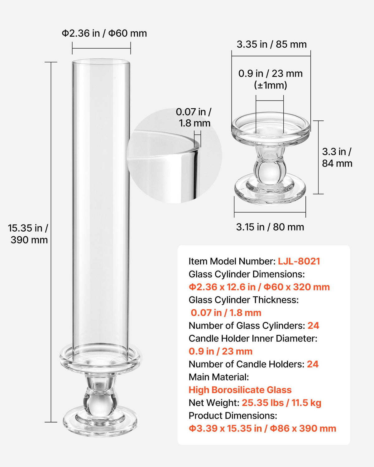 Hurricane Candle Holders Set of 24, 320 mm Tall Clear Glass Taper Candle Holders, High Borosilicate Glass, 2.36 in Cylinder for Wedding, Table Centerpiece, Party, Home Decor, Wind Protection