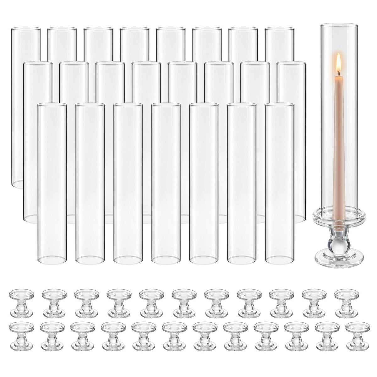 Hurricane Candle Holders Set of 24, 320 mm Tall Clear Glass Taper Candle Holders, High Borosilicate Glass, 2.36 in Cylinder for Wedding, Table Centerpiece, Party, Home Decor, Wind Protection
