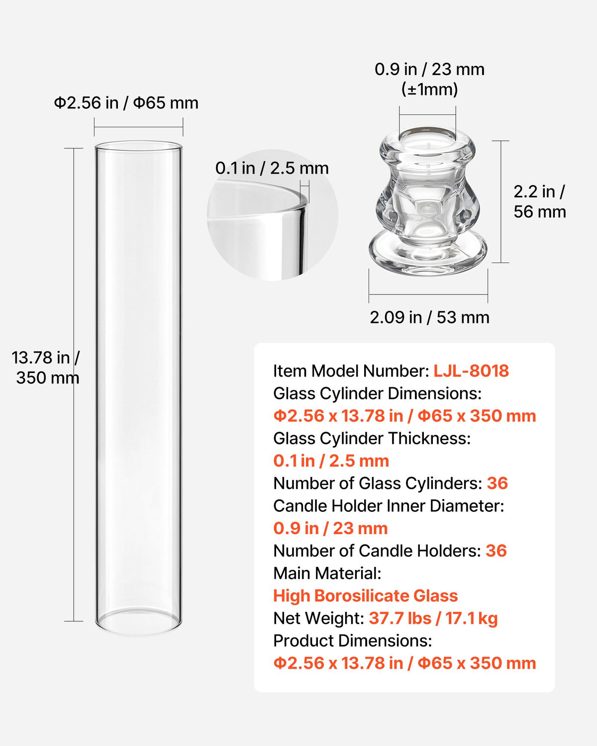 Hurricane Candle Holders Set of 36, Φ 65 x 350 mm Tall Clear Glass Cylinder Candleholder Sleeve, High Borosilicate Glass, Wind Protection for Wedding, Table Centerpiece, Party, Home Decor