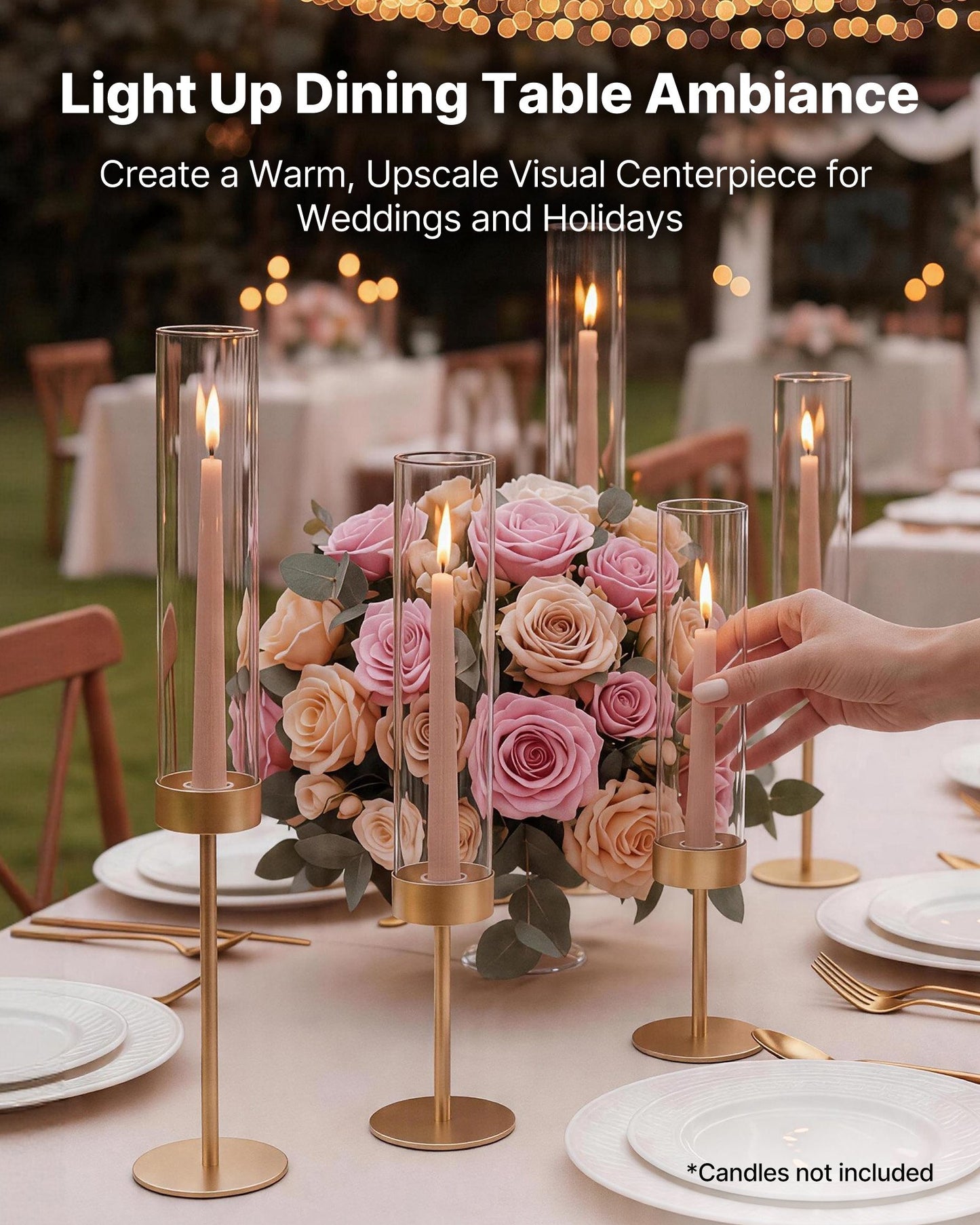 Hurricane Candle Holders Set of 18, Gold Metal Stand with Clear Glass Cylinders, Elegant Tiered Centerpieces Wind Protection for Wedding, Table Centerpieces, Party, Home Decor, Modern Style