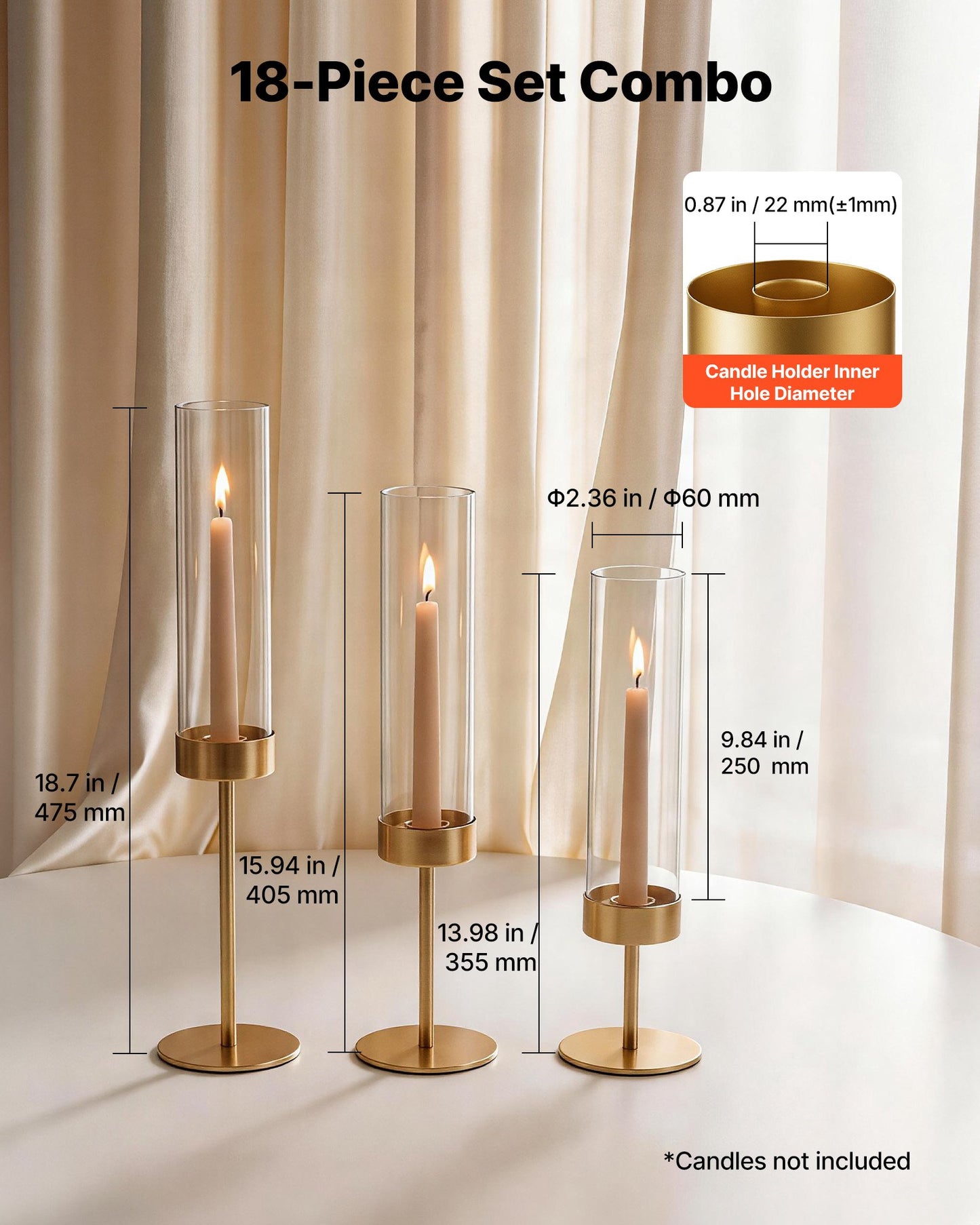 Hurricane Candle Holders Set of 18, Gold Metal Stand with Clear Glass Cylinders, Elegant Tiered Centerpieces Wind Protection for Wedding, Table Centerpieces, Party, Home Decor, Modern Style