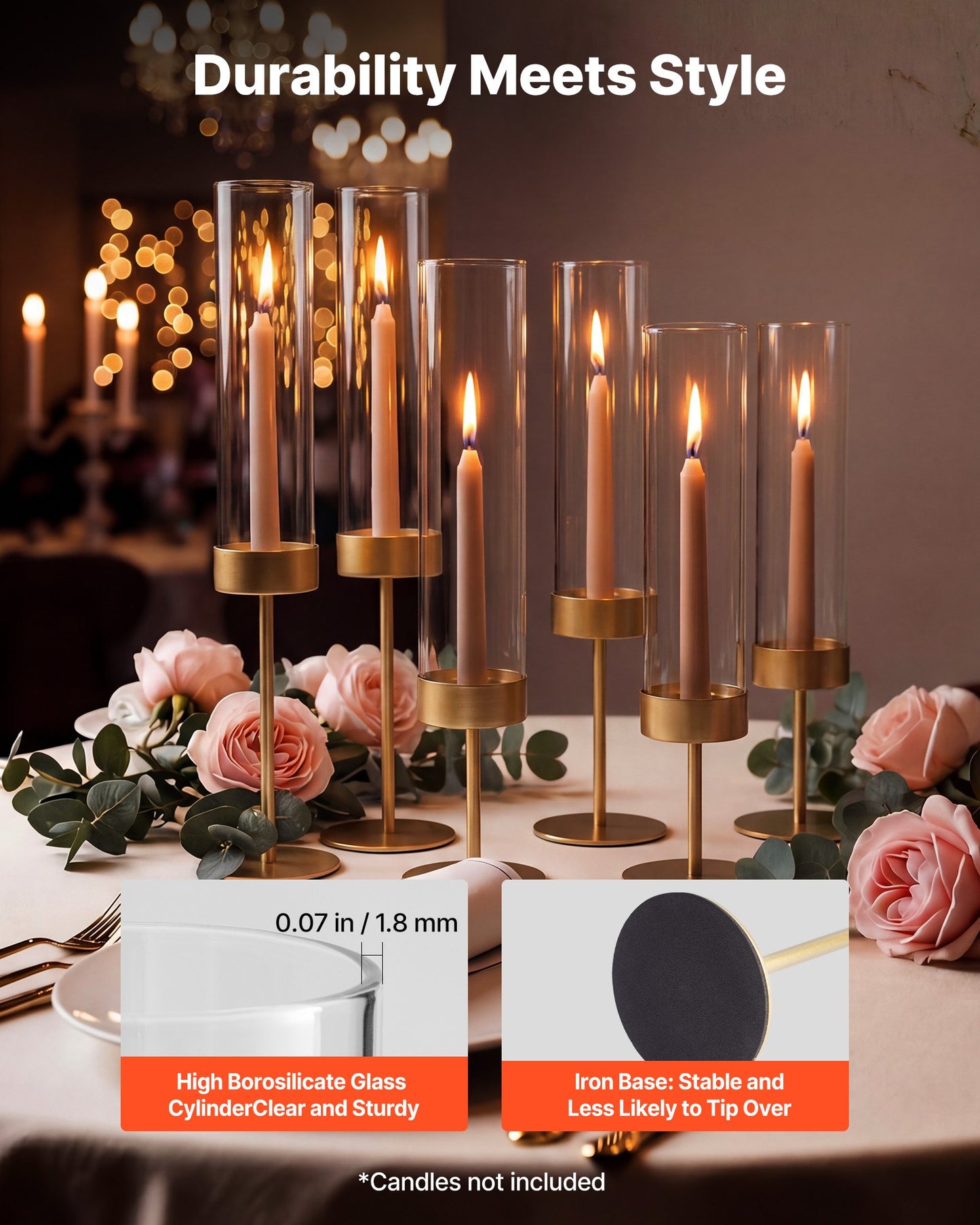 Hurricane Candle Holders Set of 18, Gold Metal Stand with Clear Glass Cylinders, Elegant Tiered Centerpieces Wind Protection for Wedding, Table Centerpieces, Party, Home Decor, Modern Style