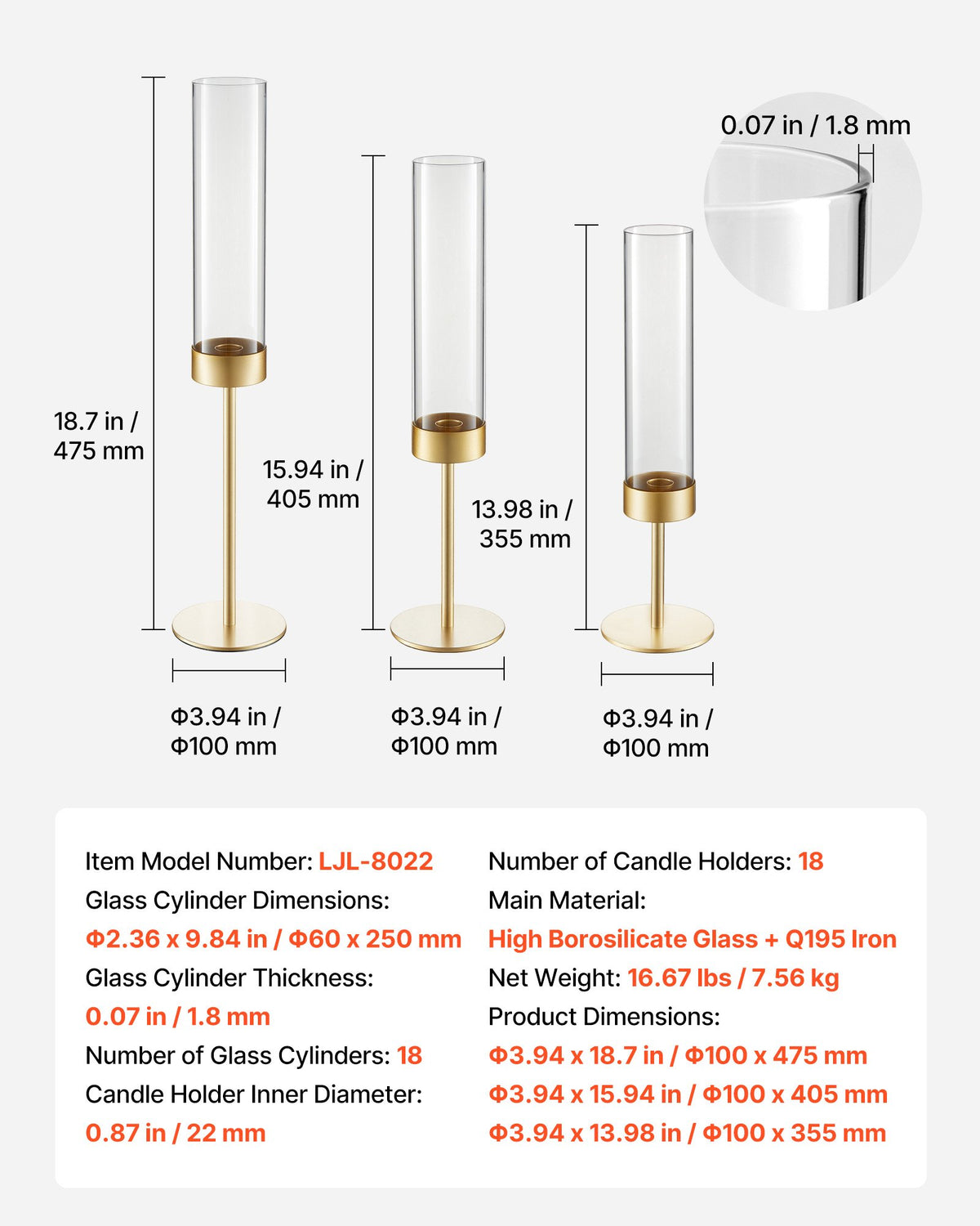 Hurricane Candle Holders Set of 18, Gold Metal Stand with Clear Glass Cylinders, Elegant Tiered Centerpieces Wind Protection for Wedding, Table Centerpieces, Party, Home Decor, Modern Style