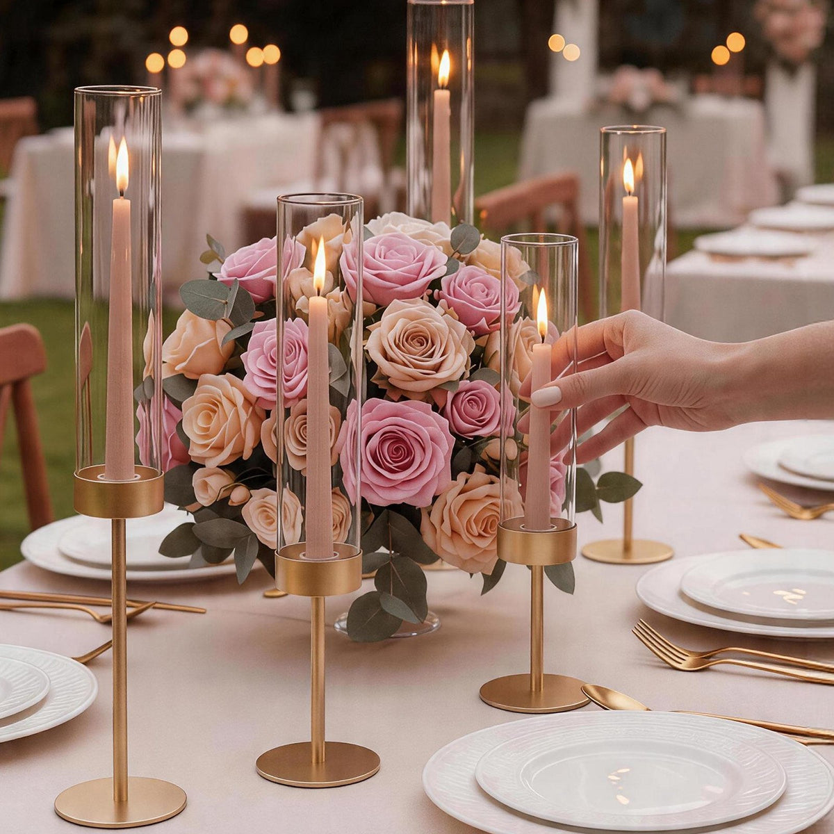 Hurricane Candle Holders Set of 18, Gold Metal Stand with Clear Glass Cylinders, Elegant Tiered Centerpieces Wind Protection for Wedding, Table Centerpieces, Party, Home Decor, Modern Style