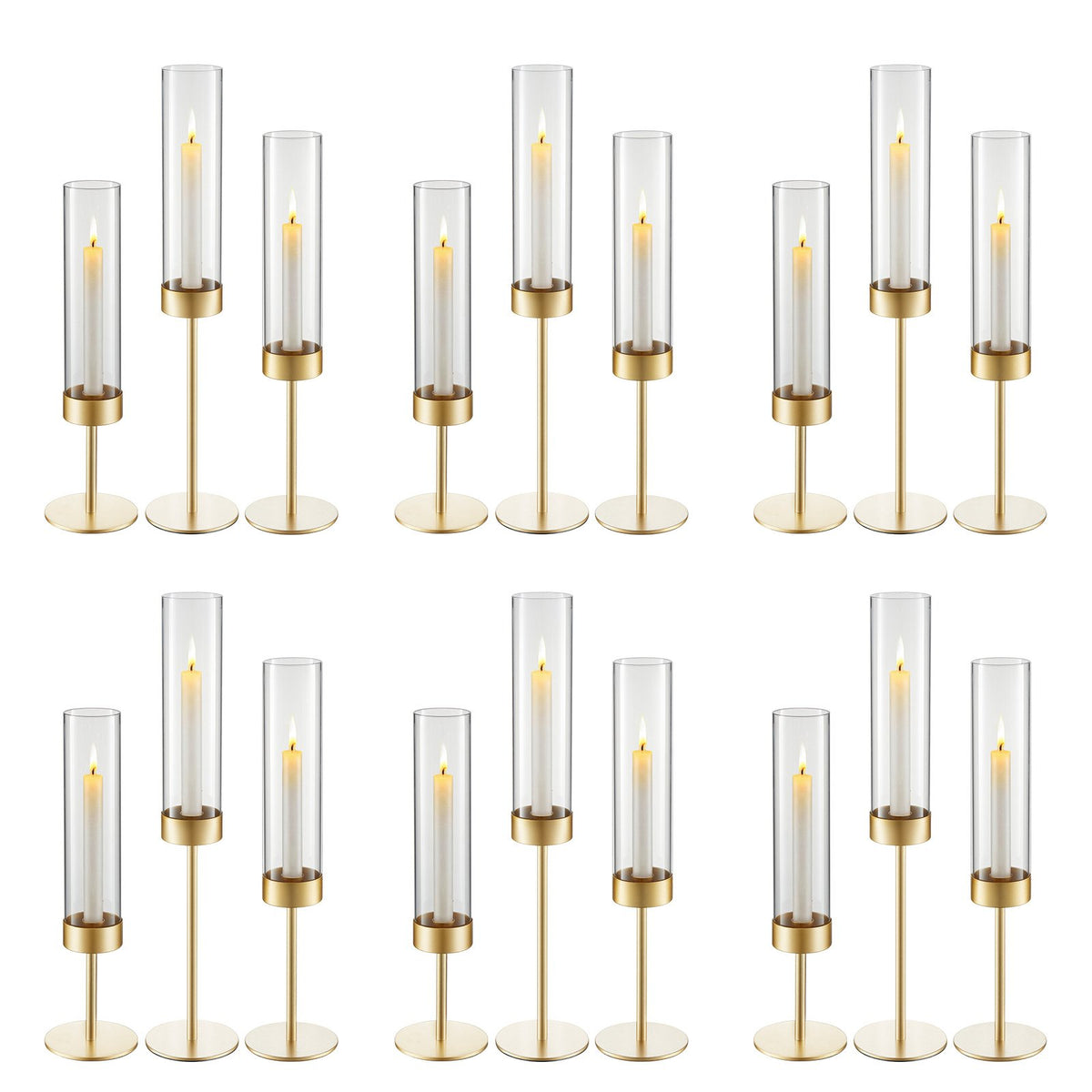 Hurricane Candle Holders Set of 18, Gold Metal Stand with Clear Glass Cylinders, Elegant Tiered Centerpieces Wind Protection for Wedding, Table Centerpieces, Party, Home Decor, Modern Style
