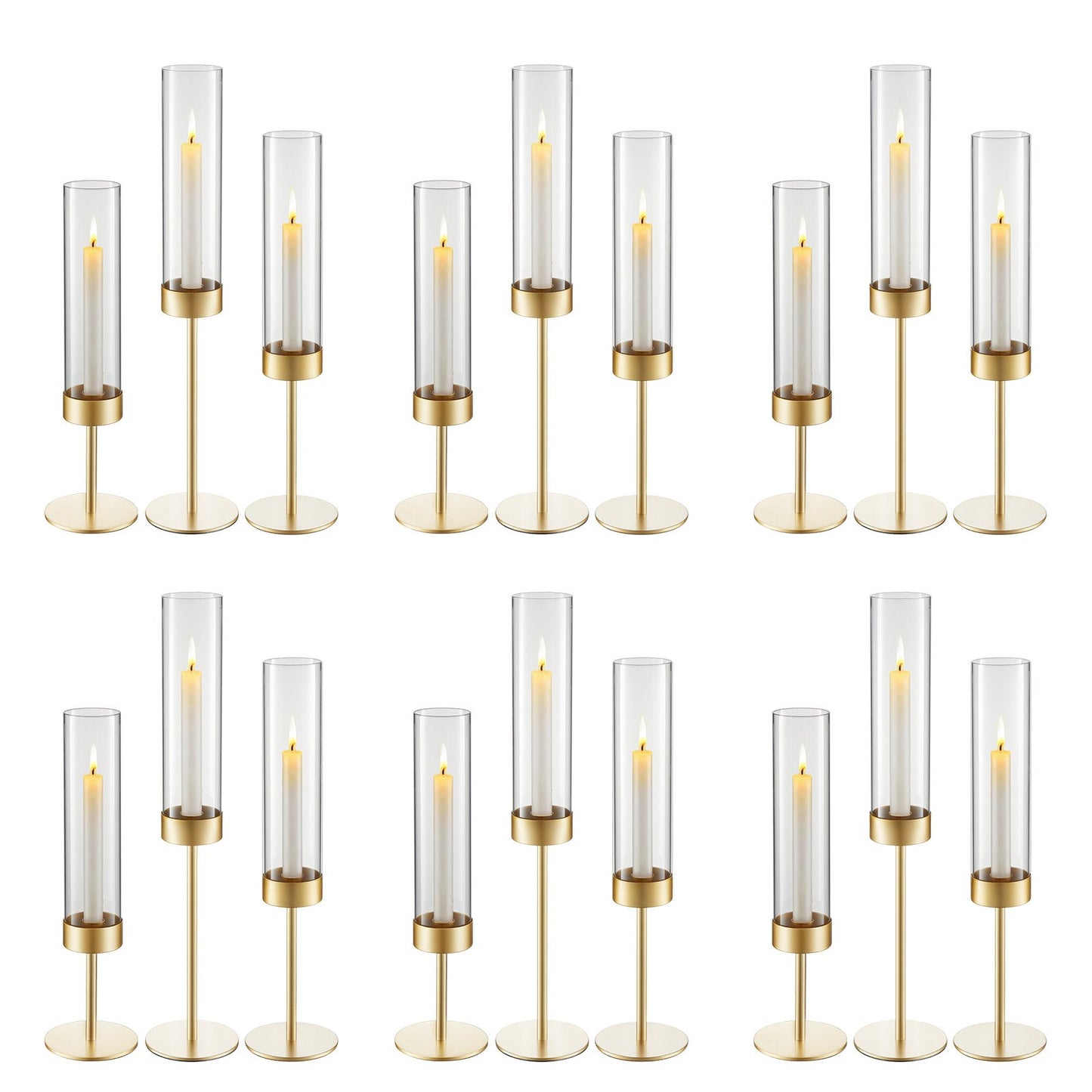 Hurricane Candle Holders Set of 18, Gold Metal Stand with Clear Glass Cylinders, Elegant Tiered Centerpieces Wind Protection for Wedding, Table Centerpieces, Party, Home Decor, Modern Style