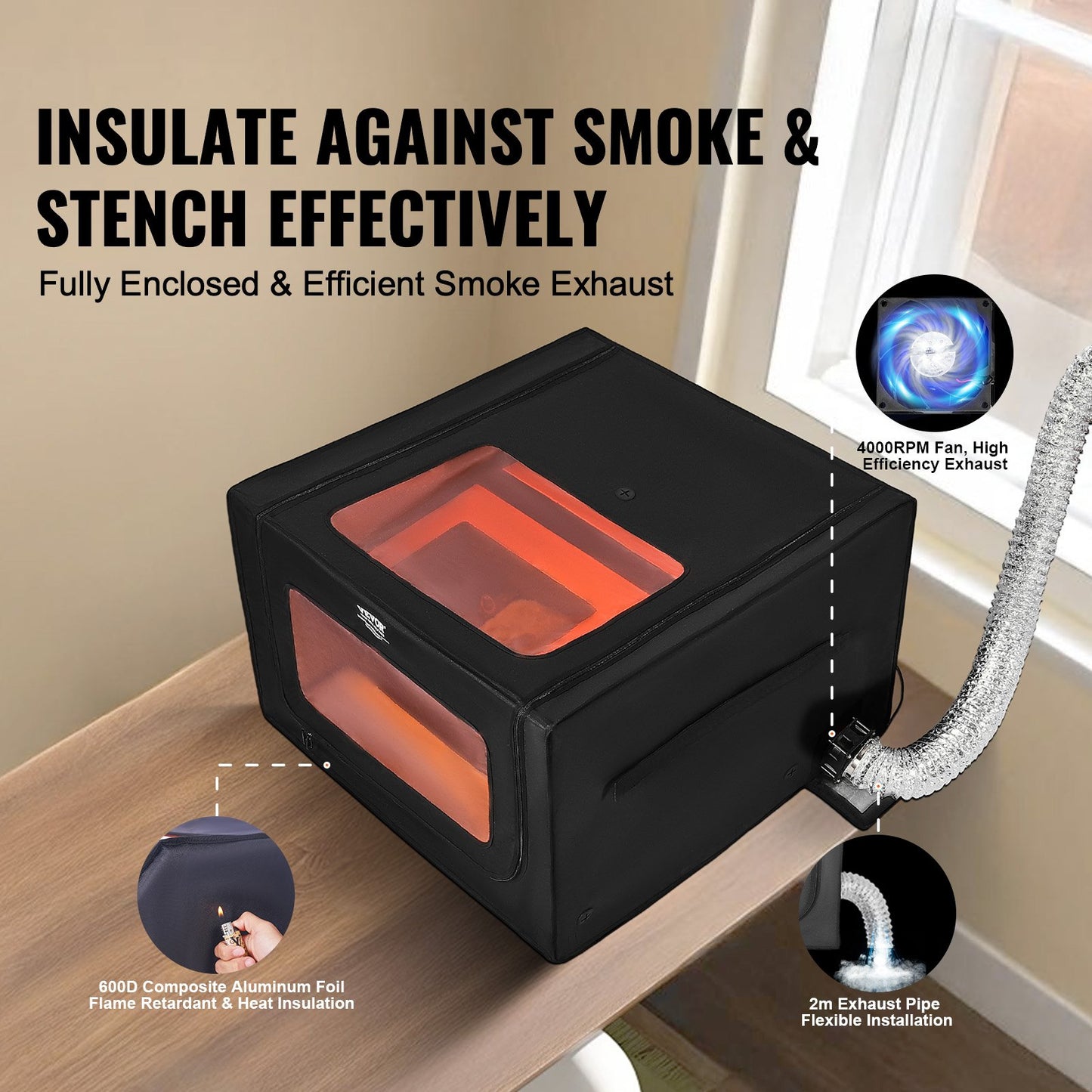Laser Engraver Enclosure, 800 x 800 x 500 mm, Dual-Direction Viewing, Flame Retardant and Fireproof Protective Cover, with Exhaust Fan and Pipe, Insulates Smoke, Noise and Eye Protection