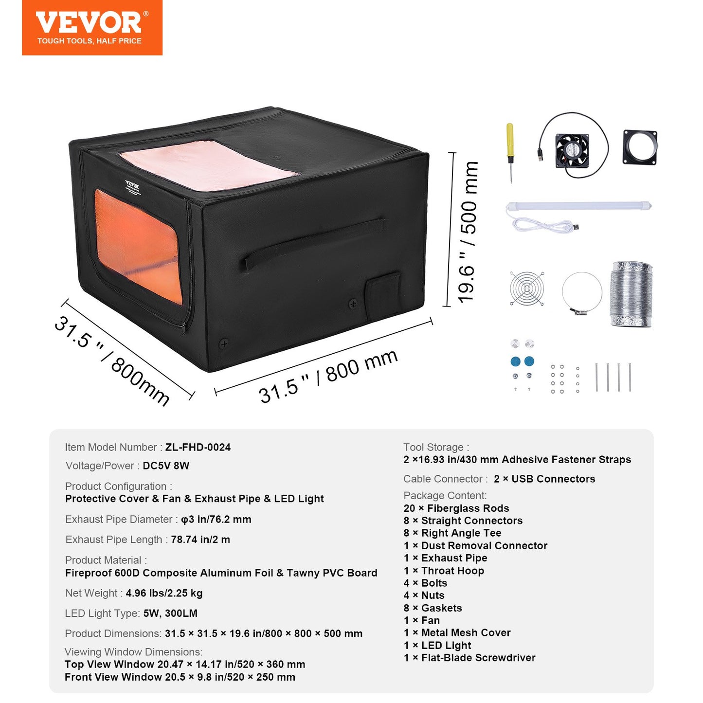 Laser Engraver Enclosure, 800 x 800 x 500 mm, Dual-Direction Viewing, Flame Retardant and Fireproof Protective Cover, with Exhaust Fan and Pipe, Insulates Smoke, Noise and Eye Protection
