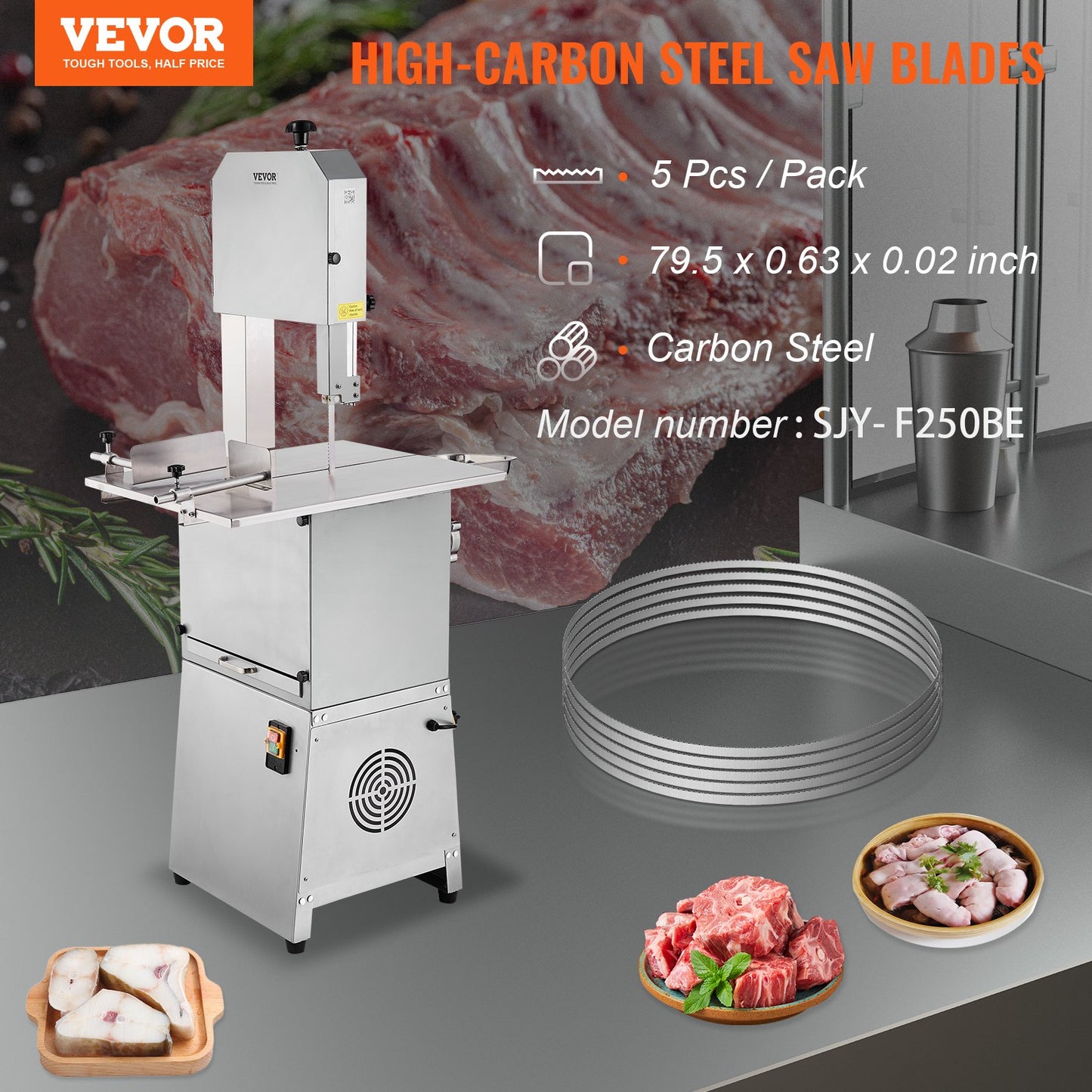 VEVOR Band Saw Blade for Cutting Meat Bone 79.5"x0.63"x0.02" Carbon Steel 5 PCS