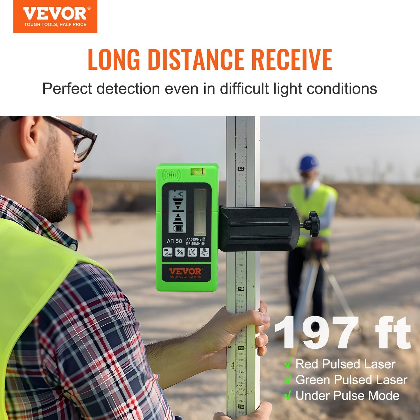 Laser Receiver for Leveling, 60m Range, Dual LCD, Green/Red Beam Detector