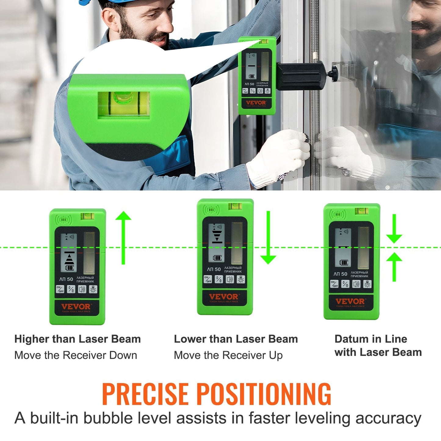 Laser Receiver for Leveling, 60m Range, Dual LCD, Green/Red Beam Detector