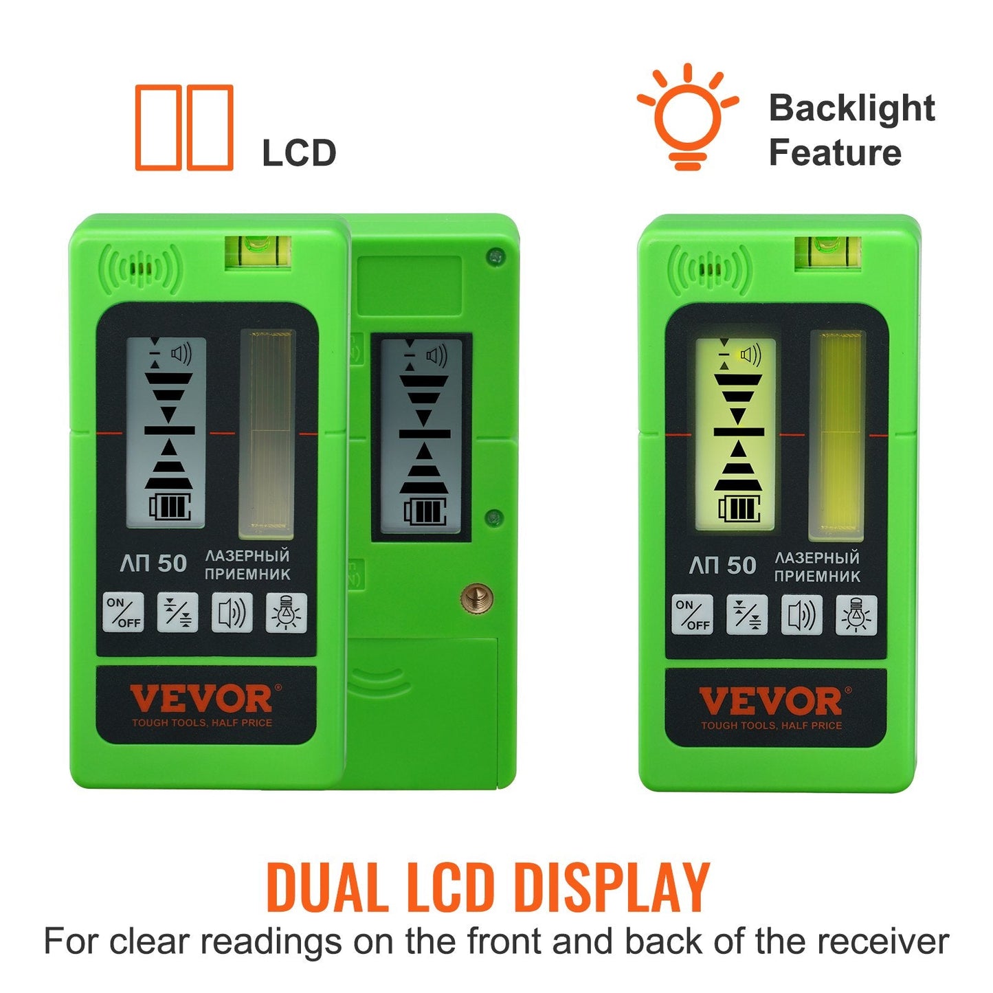 Laser Receiver for Leveling, 60m Range, Dual LCD, Green/Red Beam Detector