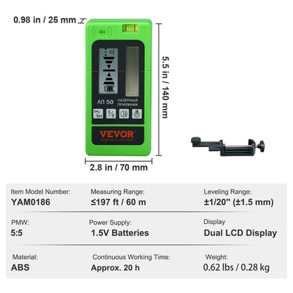 Laser Receiver for Leveling, 60m Range, Dual LCD, Green/Red Beam Detector
