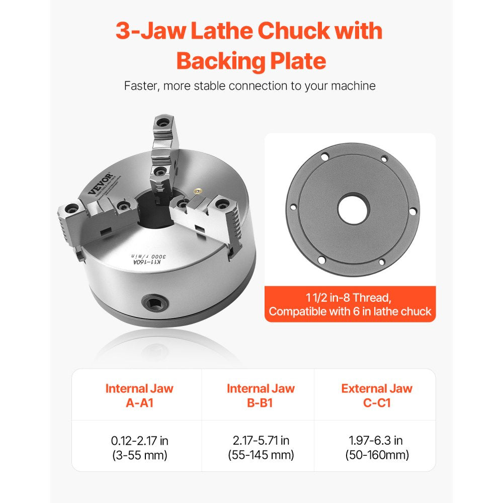 VEVOR 160 mm 3-Jaw Self-Centering Lathe Chuck 1 1/2 in-8 Threaded Backing Plate