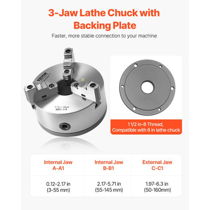 VEVOR 160 mm 3-Jaw Self-Centering Lathe Chuck 1 1/2 in-8 Threaded Backing Plate