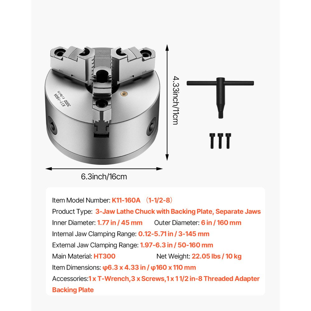 VEVOR 160 mm 3-Jaw Self-Centering Lathe Chuck 1 1/2 in-8 Threaded Backing Plate
