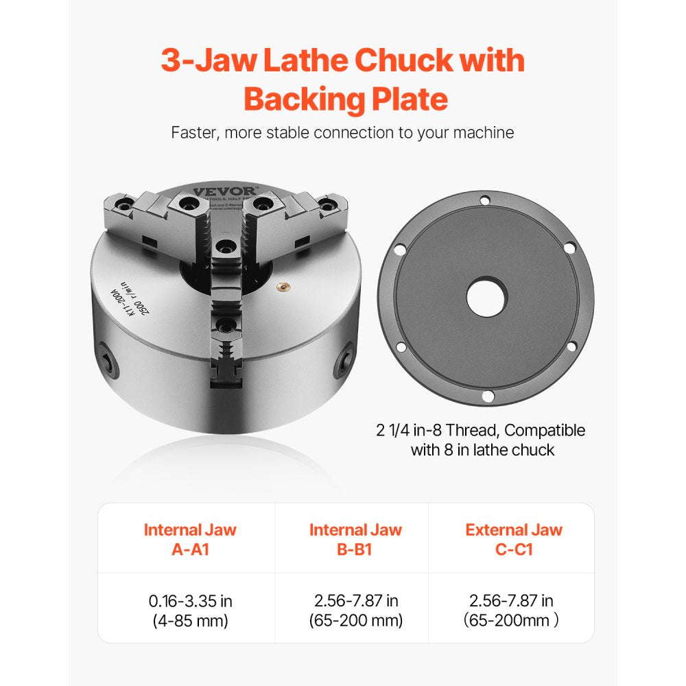 VEVOR 200 mm 3-Jaw Self-Centering Lathe Chuck 2 1/4 in-8 Threaded Backing Plate