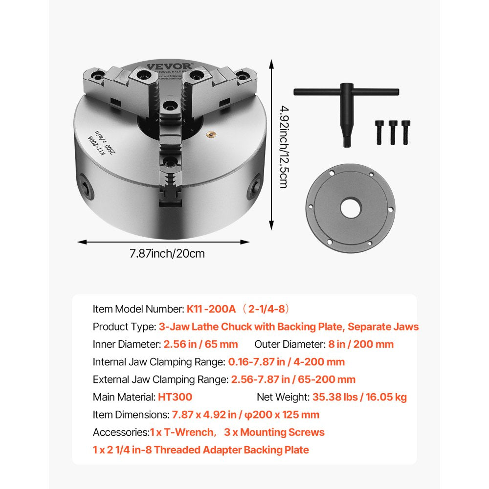 VEVOR 200 mm 3-Jaw Self-Centering Lathe Chuck 2 1/4 in-8 Threaded Backing Plate