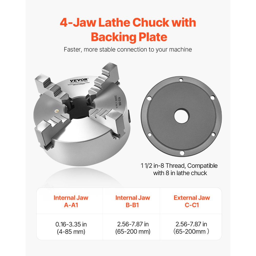 VEVOR 200 mm 4-Jaw Self-Centering Lathe Chuck 1 1/2 in-8 Threaded Backing Plate