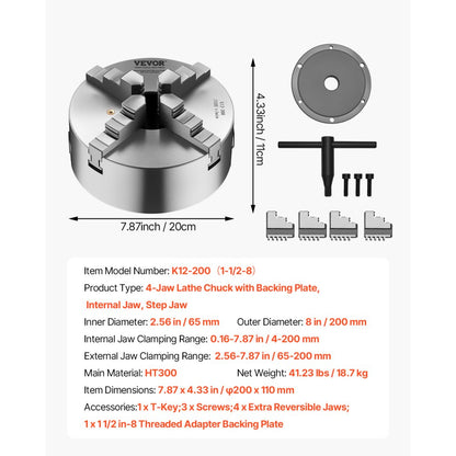 VEVOR 200 mm 4-Jaw Self-Centering Lathe Chuck 1 1/2 in-8 Threaded Backing Plate
