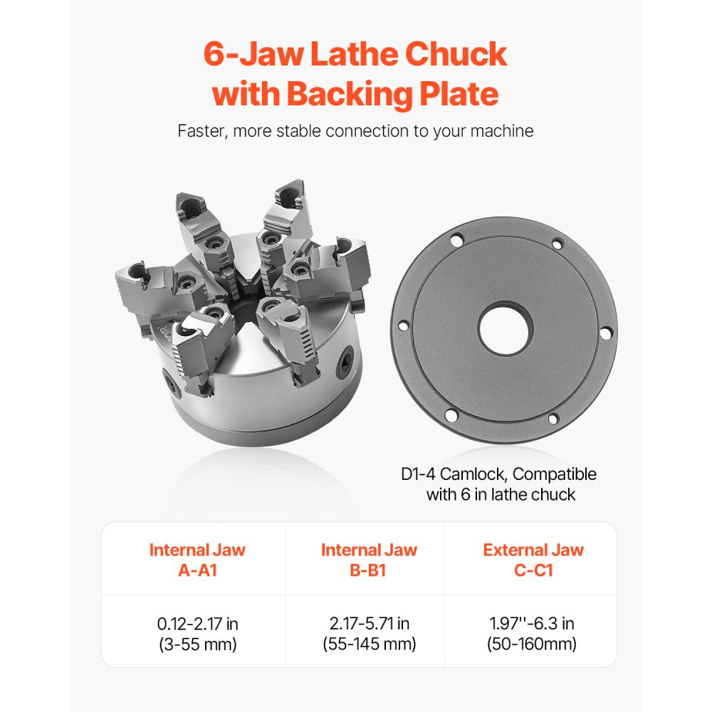 160 mm 6-Jaw Self-Centering Lathe Chuck with D1-4 Cam Lock Backing Plate