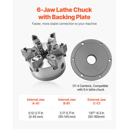 160 mm 6-Jaw Self-Centering Lathe Chuck with D1-4 Cam Lock Backing Plate