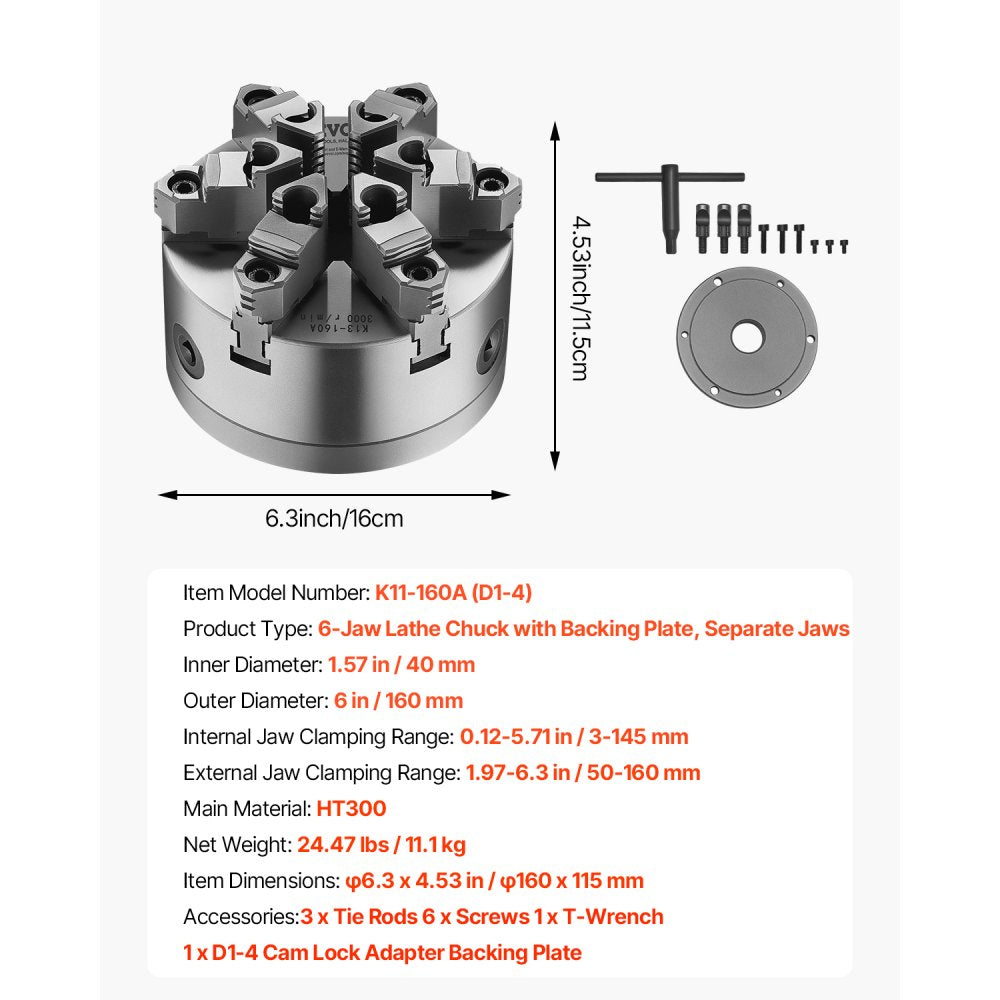160 mm 6-Jaw Self-Centering Lathe Chuck with D1-4 Cam Lock Backing Plate