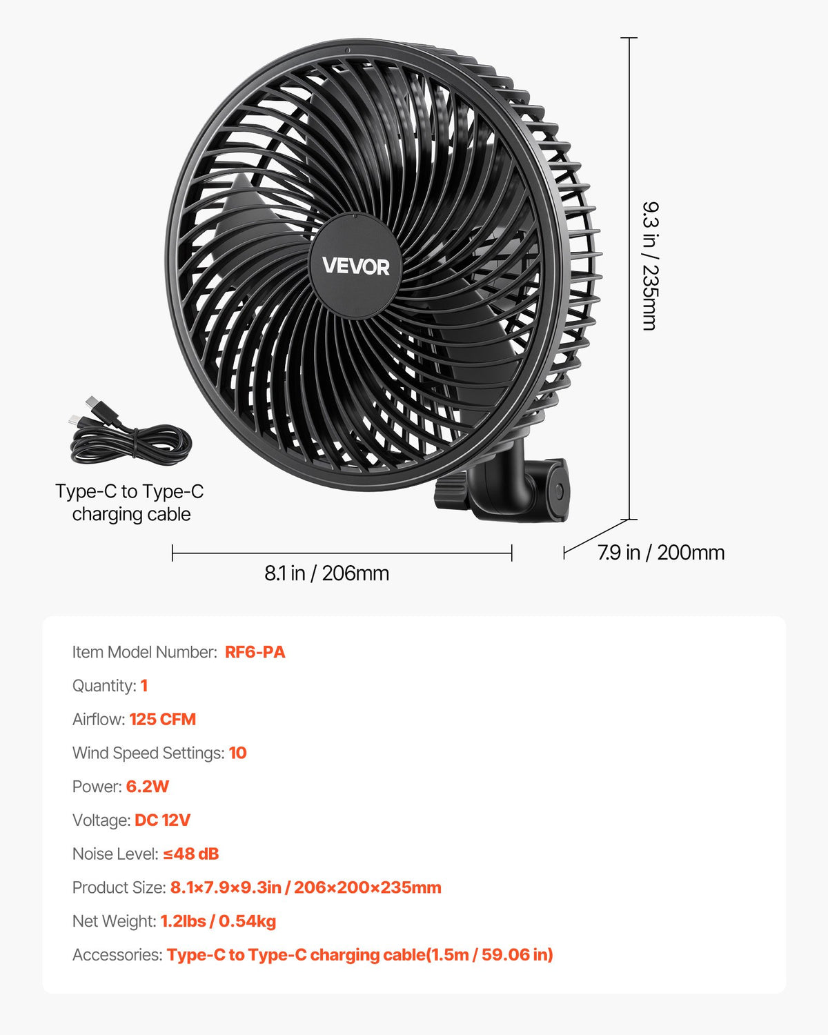 Plant Fan, Grow Tent Clip On Fan, Type-C Port with 9 Speeds & Circulation Mode, Smart Control, Powerful Oscillating, for Hydroponics Circulation Cooling, Black, 1 Pack