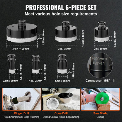 VEVOR Diamond Core Drill Bit Set, 6 PCS 20/25/35/50/75/100mm Diamond Hole Saw Kit,