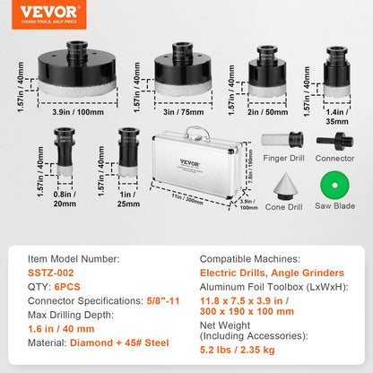 VEVOR Diamond Core Drill Bit Set, 6 PCS 20/25/35/50/75/100mm Diamond Hole Saw Kit,