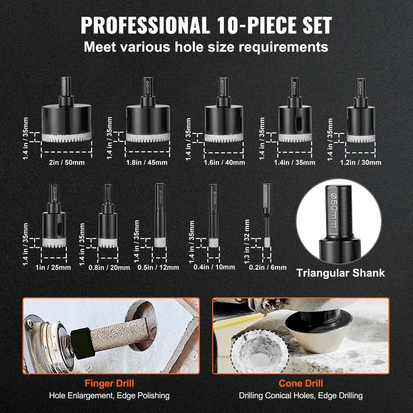 10-Piece Diamond Core Drill Bit Set with 6-50mm Sizes for Wet/Dry Use