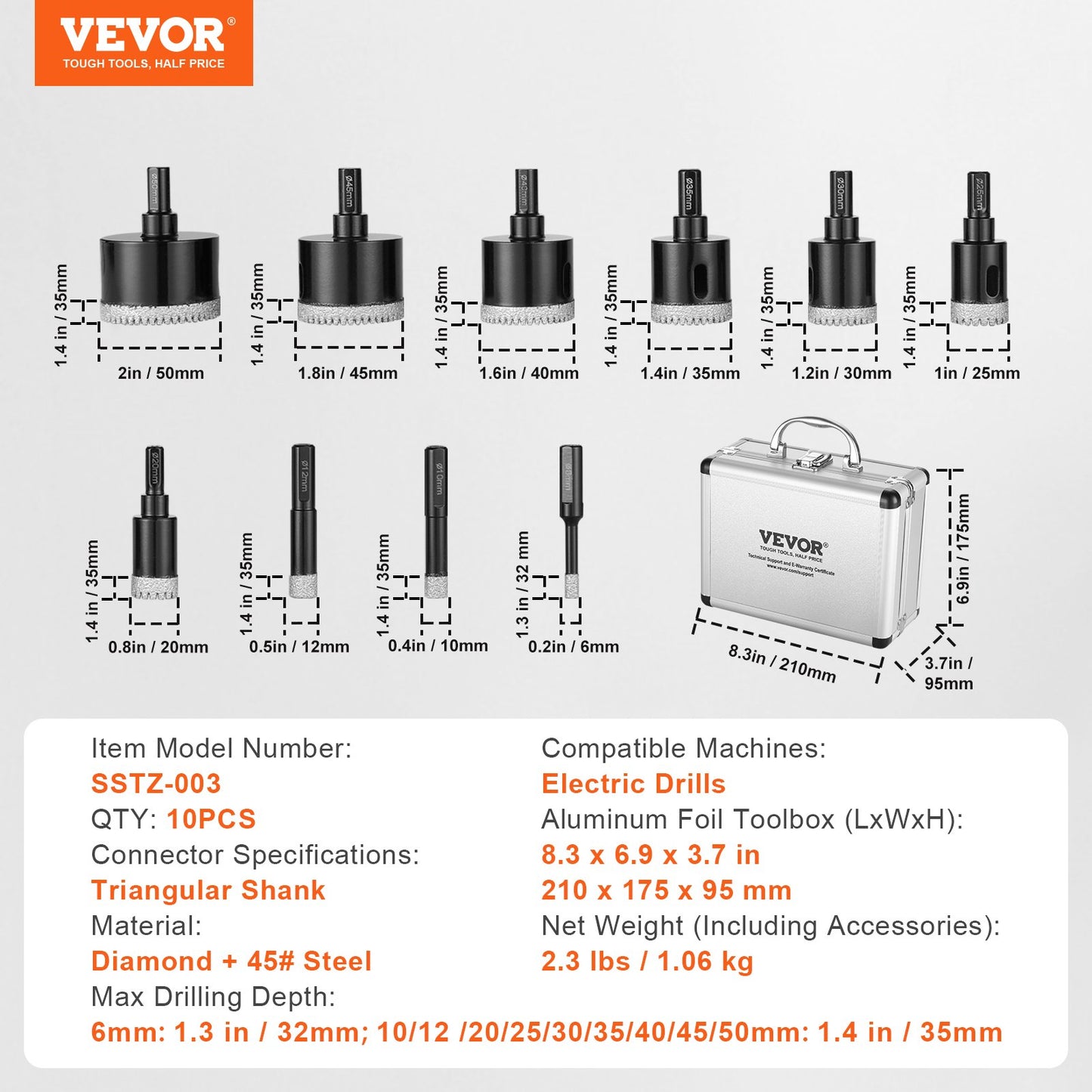 VEVOR Diamond Core Drill Bit Set, 10 PCS 6/10/12/20/25/30/35/40/45/50mm Diamond