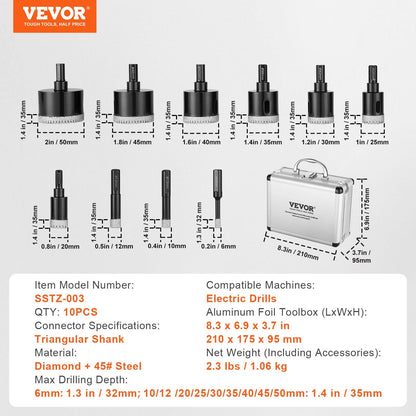 10-Piece Diamond Core Drill Bit Set with 6-50mm Sizes for Wet/Dry Use
