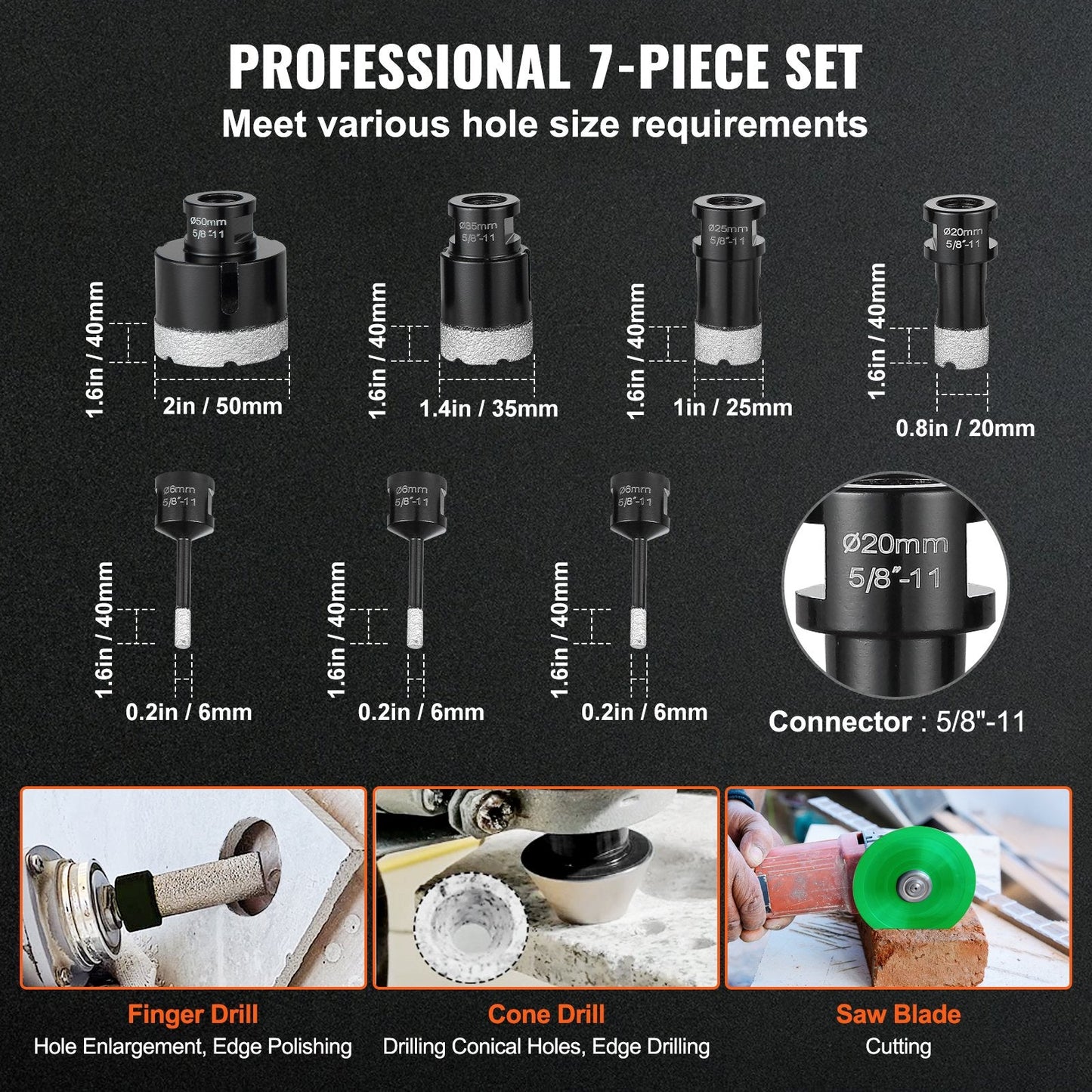 7-Piece Diamond Core Drill Bit Set with 6-50mm Holesaws for Wet & Dry Use