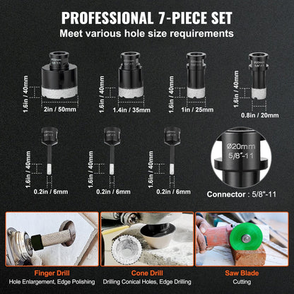 7-Piece Diamond Core Drill Bit Set with 6-50mm Holesaws for Wet & Dry Use