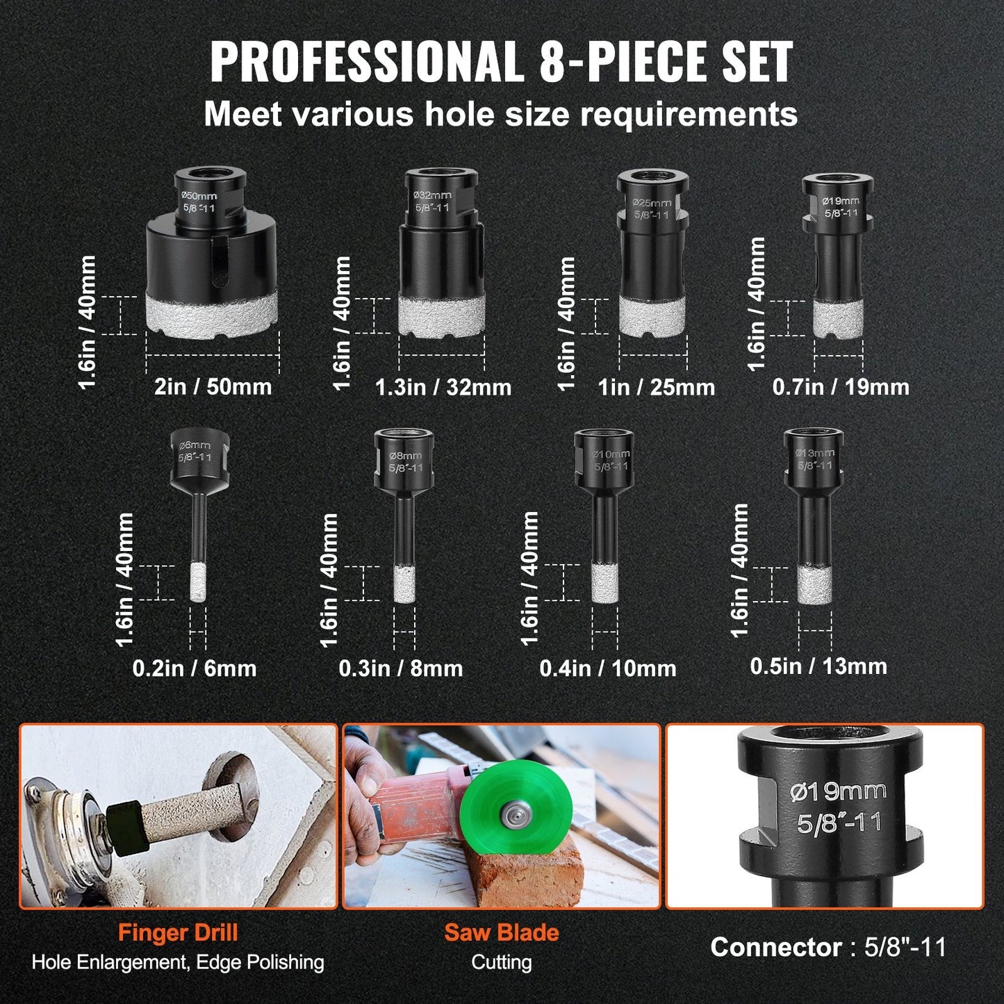 8-Piece Diamond Core Drill Bit Set with Storage Case for Tile & Ceramic