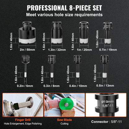 8-Piece Diamond Core Drill Bit Set with Storage Case for Tile & Ceramic