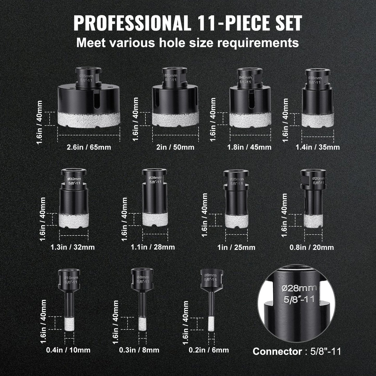 11-Piece Diamond Core Drill Bit Set with 5/8"-11 Connector and Case