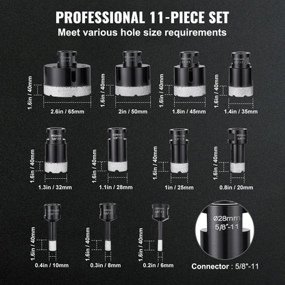 11-Piece Diamond Core Drill Bit Set with 5/8"-11 Connector and Case