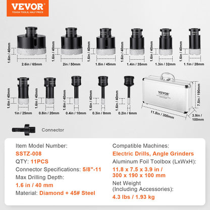 VEVOR Diamond Core Drill Bit Set, 11 PCS 6/8/10/20/25/28/32/35/45/50/65mm Diamond