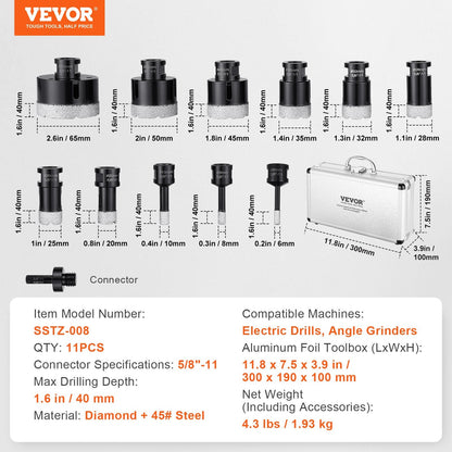 11-Piece Diamond Core Drill Bit Set with 5/8"-11 Connector and Case