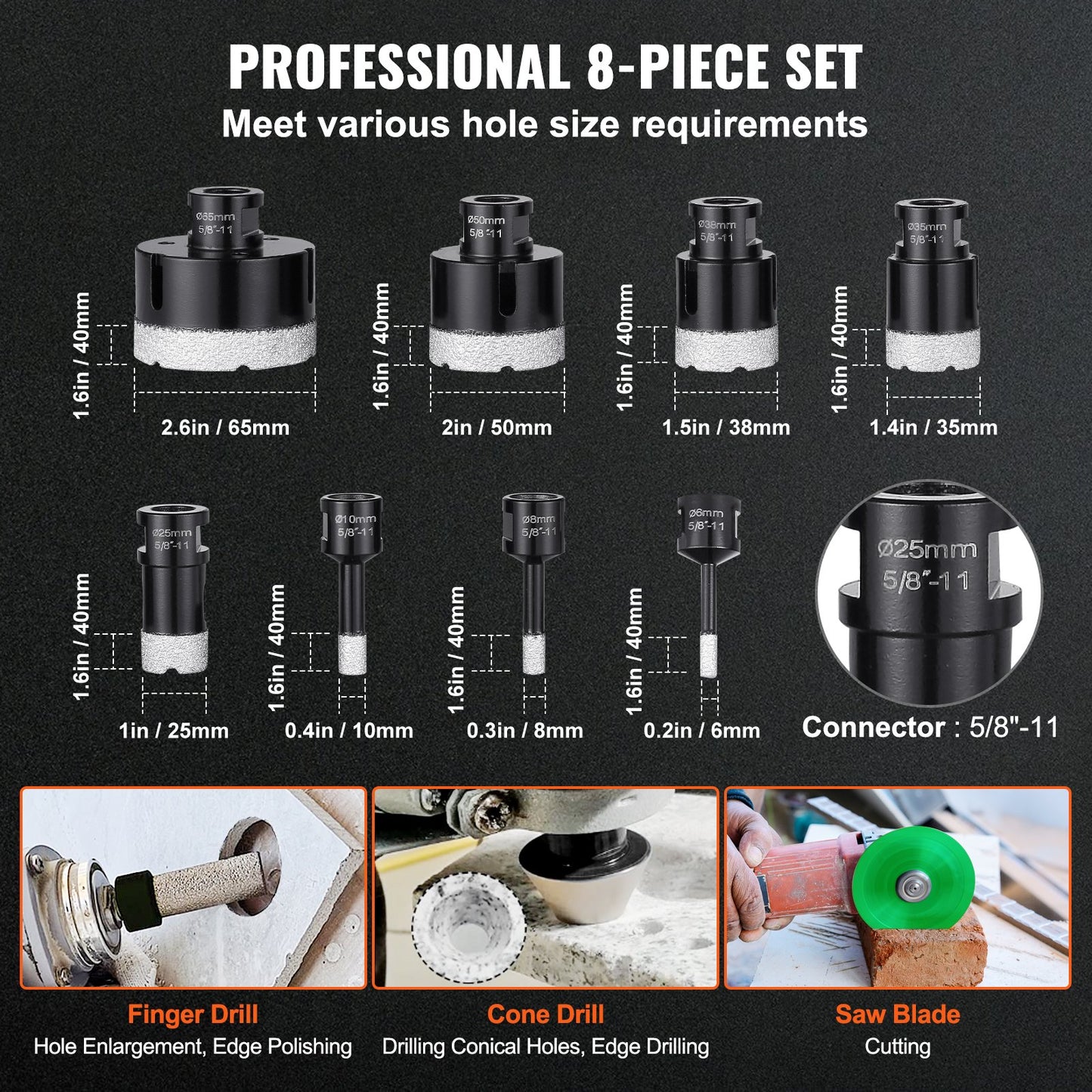 VEVOR Diamond Core Drill Bit Set, 8 PCS 6/8/10/25/35/38/50/65mm Diamond Hole Saw